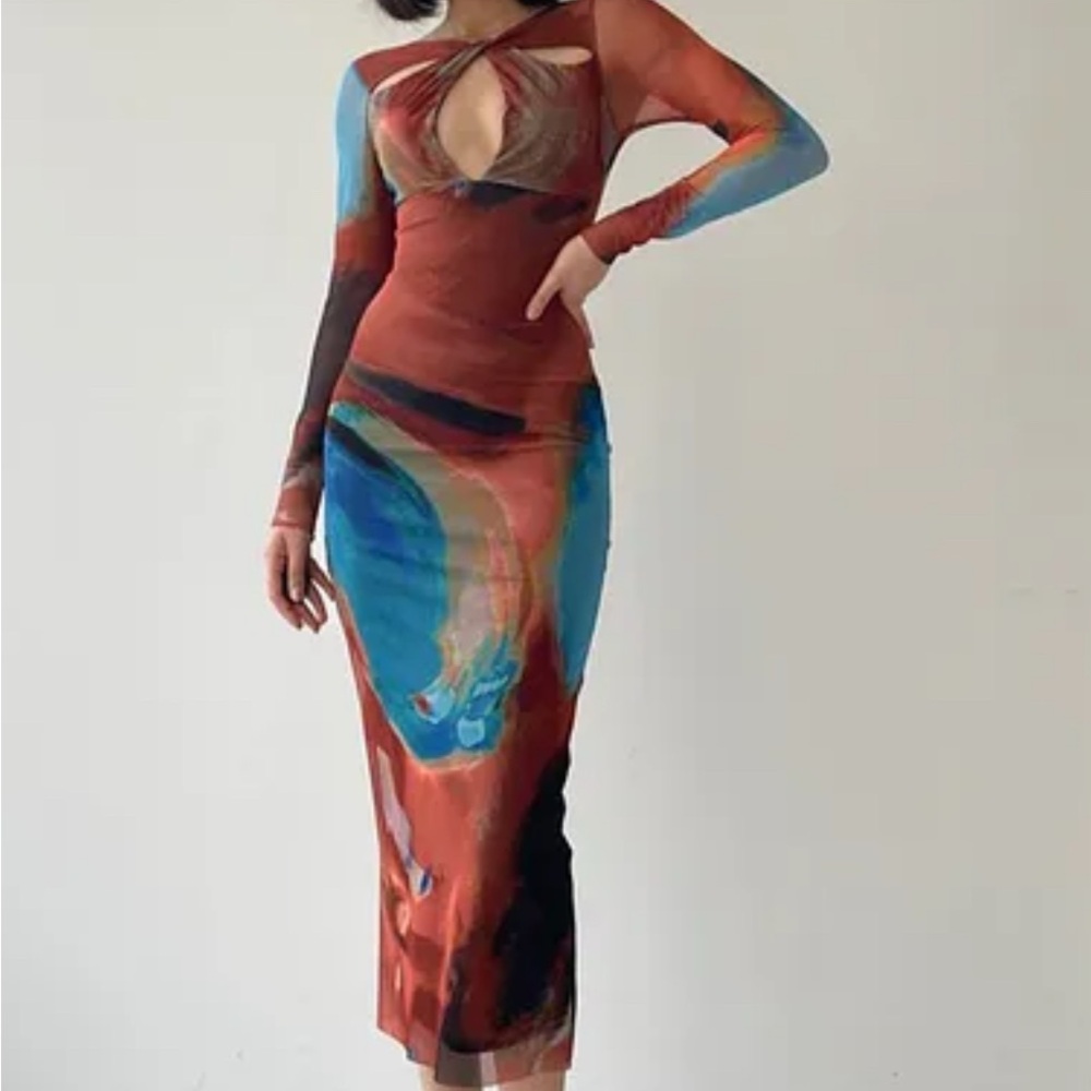 Abstract print midi long sleeve dress